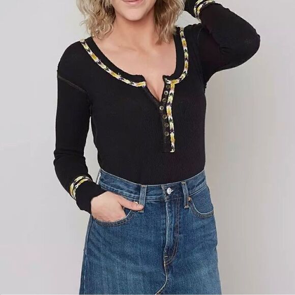 Free People Tops - Free People We The Free Womens Embroidered Thermal Henley Shirt Black Size S
